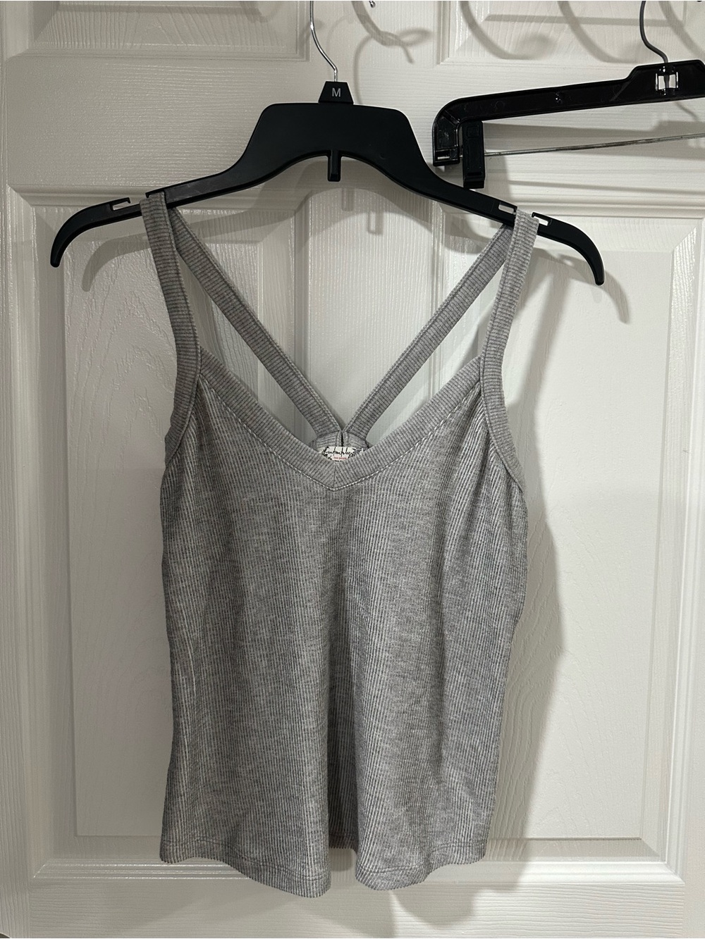 Free People Grey Ribbed V-Neck Double-Strap Tank Top
